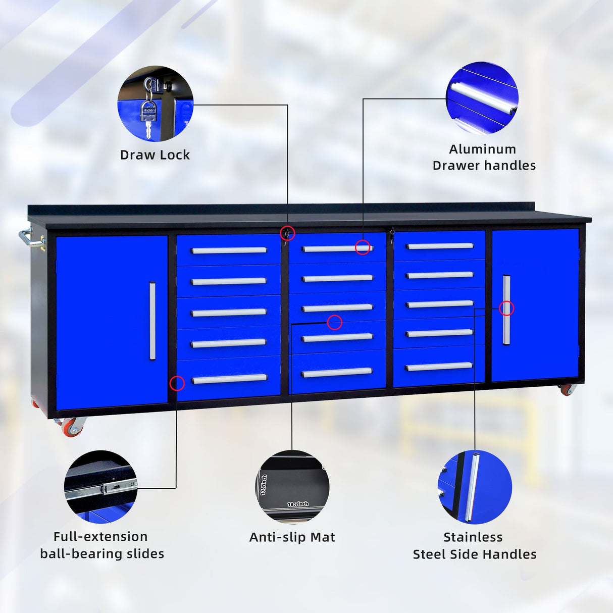 10ft 15-Drawer Storage Workbench with Wheels