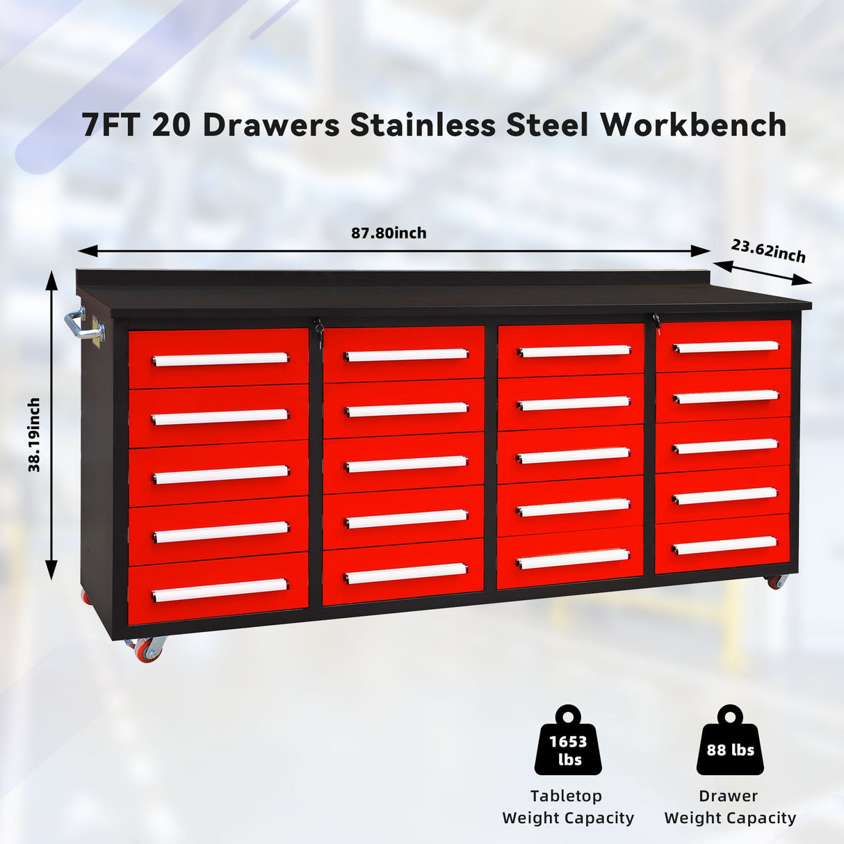 7ft 20-Drawer Storage Workbench with Wheels