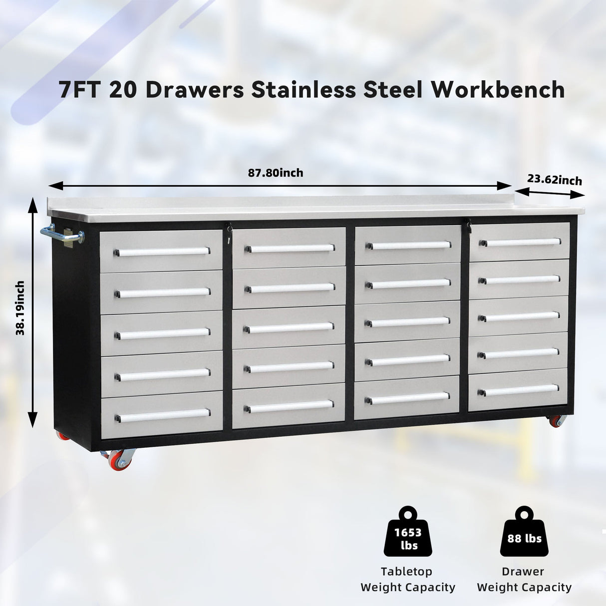 7ft 20-Drawer Storage Workbench with Wheels