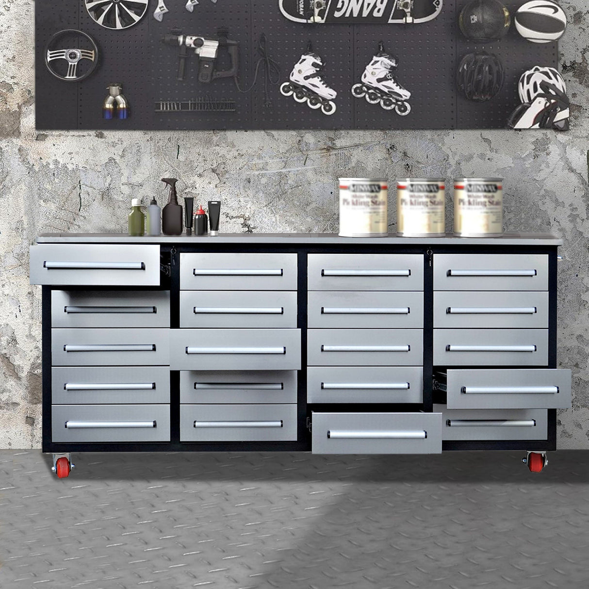 7ft 20-Drawer Storage Workbench with Wheels