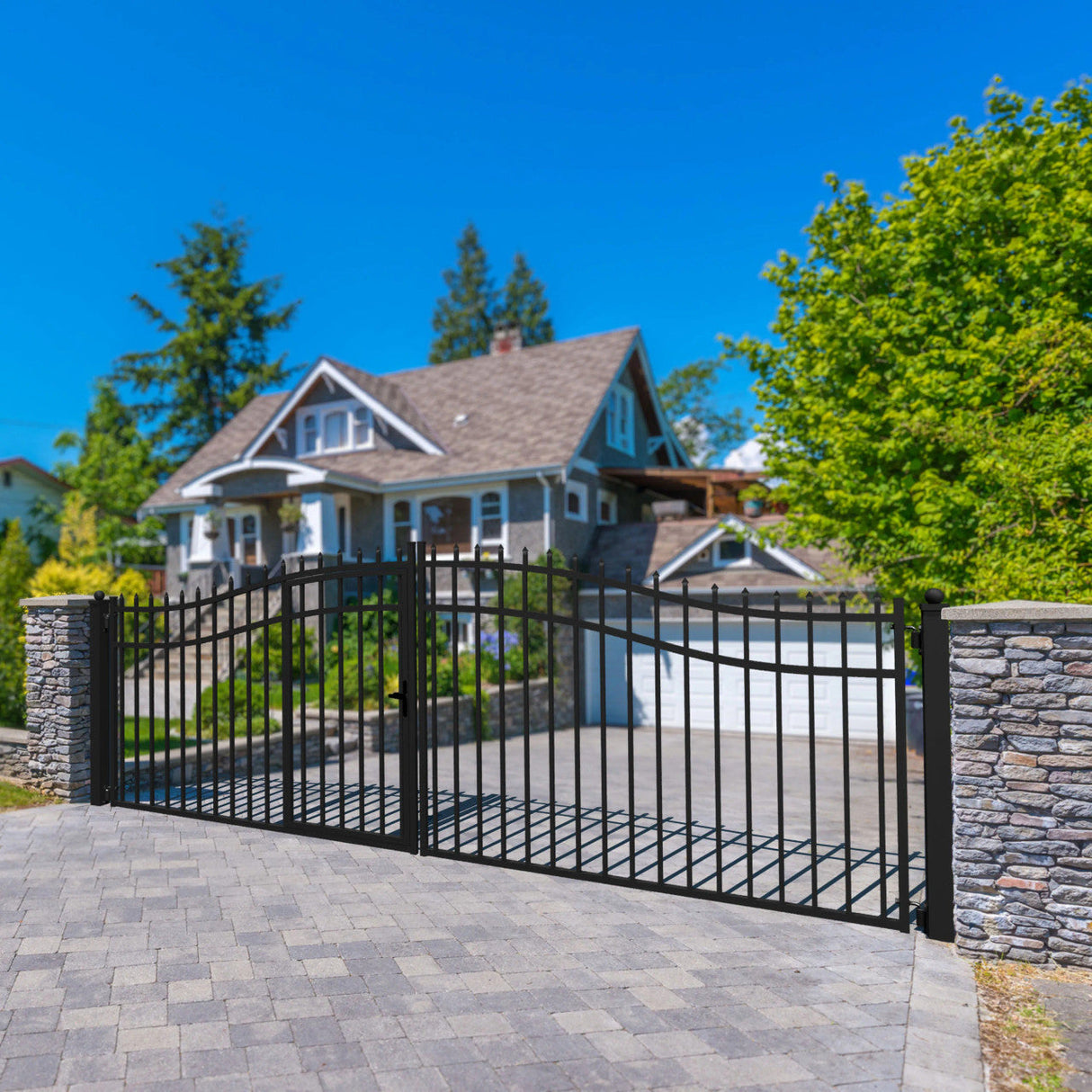 16'x7' Steel Dual Swing Driveway Gate with Built-In Pedestrian Door