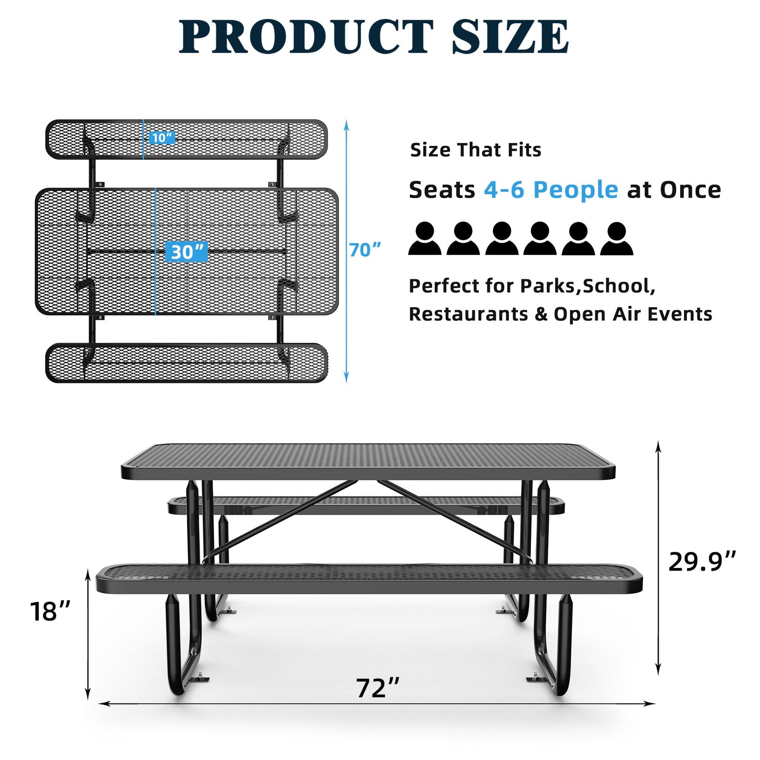 6 ft Metal Picnic Tables for Outdoors, Rectangle Coated Steel Patio Furniture Set
