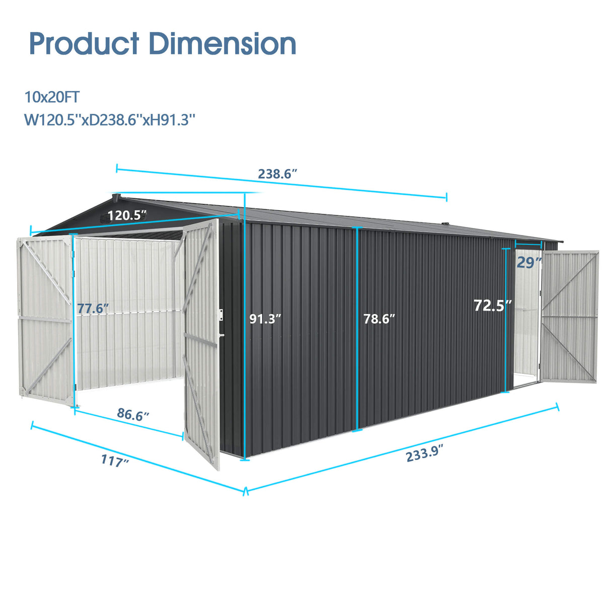 10'x20' Metal Garage Shed with Double Front Doors, Side Entry Door