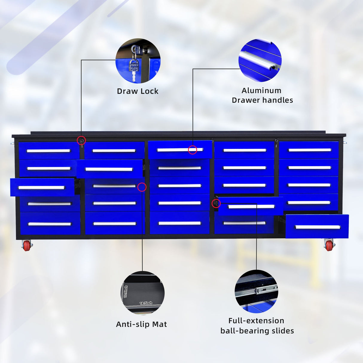 10ft 25-Drawer Storage Workbench with Wheels
