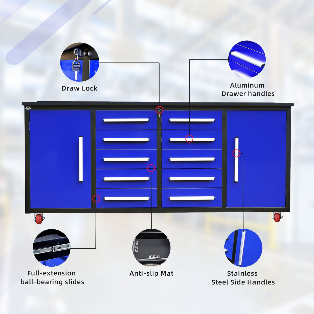 7ft 10-drawer Storage Workbench with Wheels