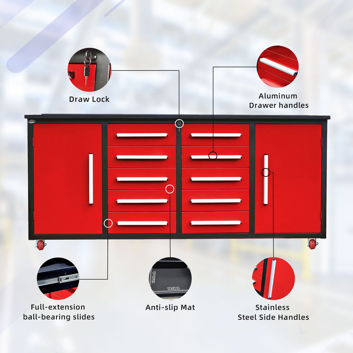 7ft 10-drawer Storage Workbench with Wheels