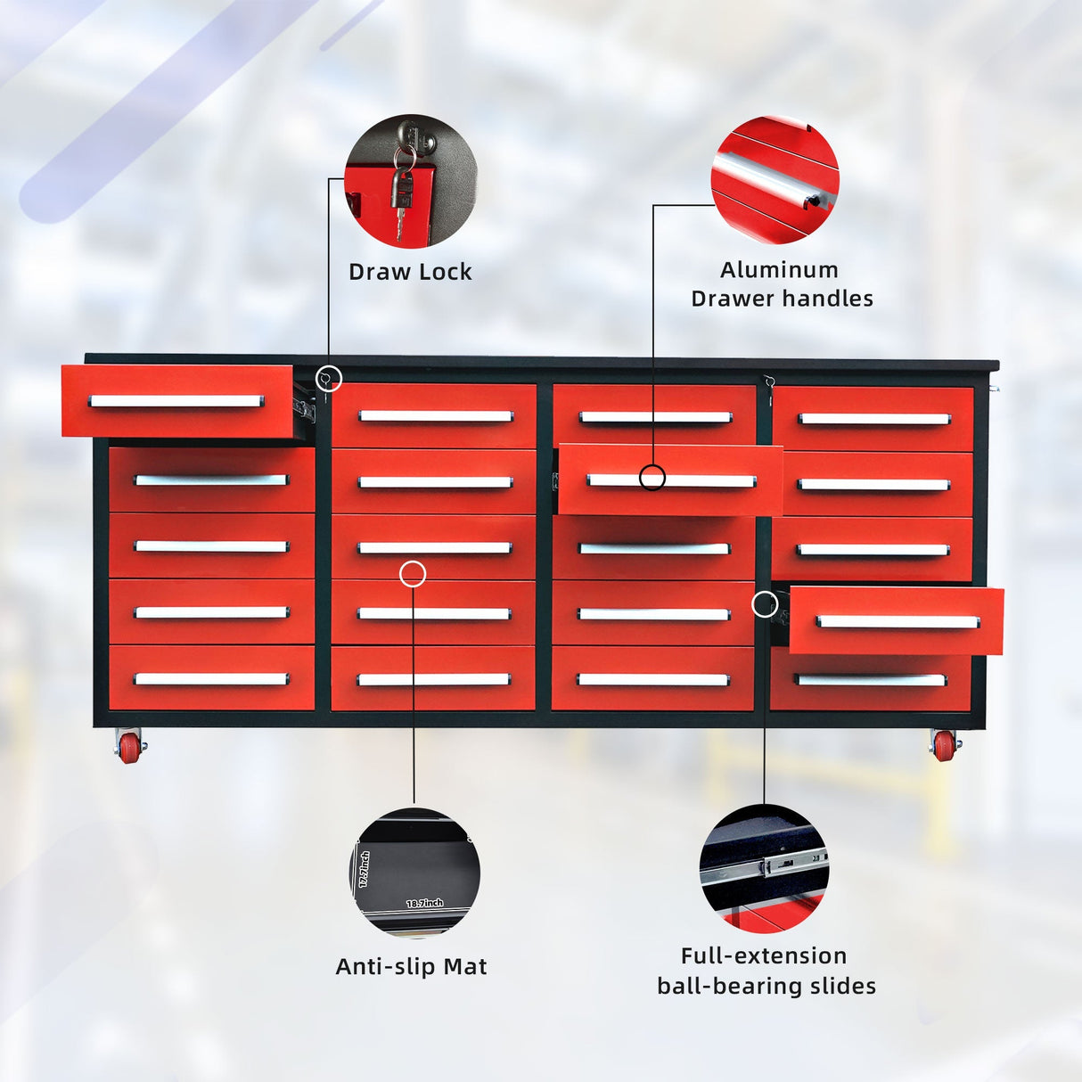 7ft 20-Drawer Storage Workbench with Wheels