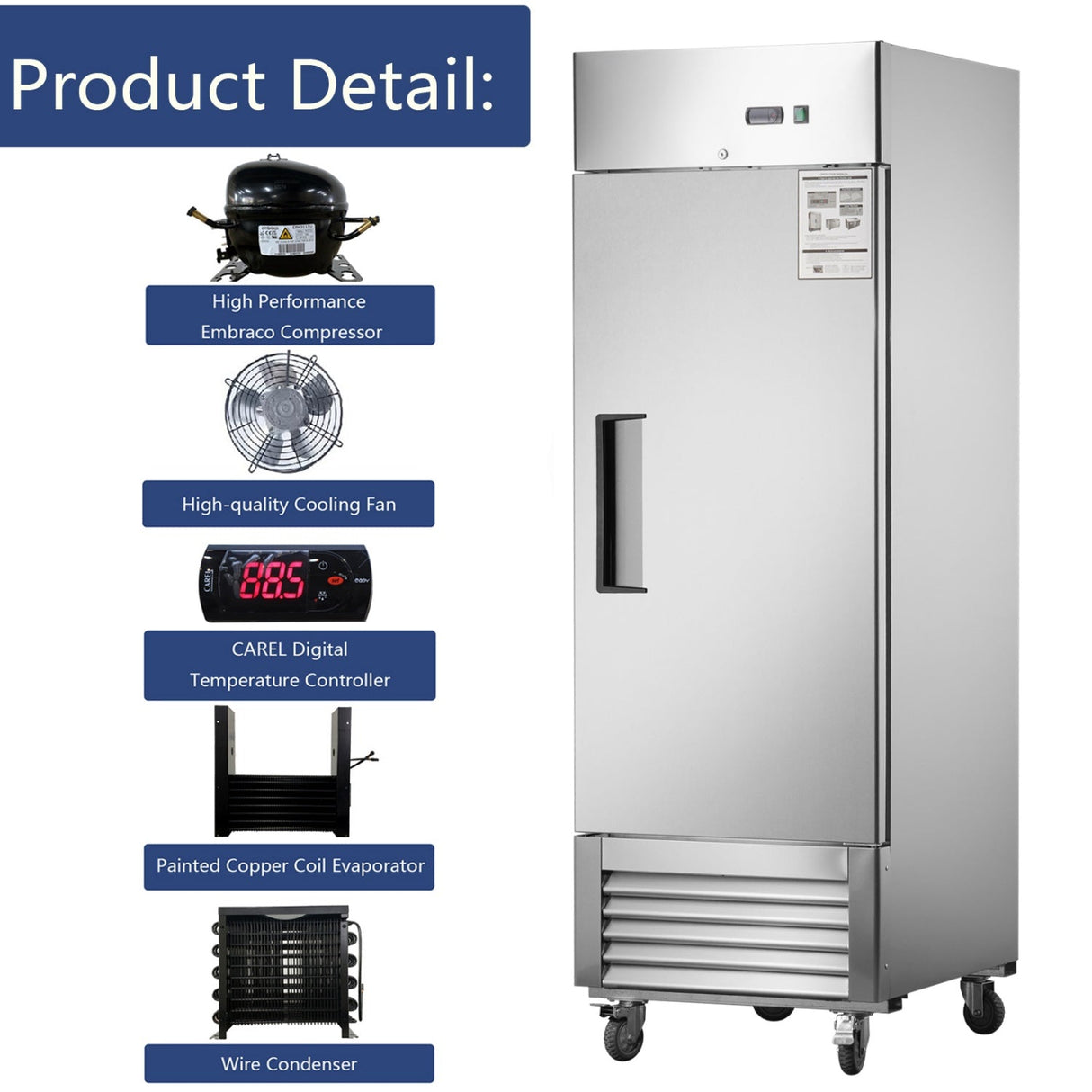 27"W Single Solid Door Reach-In Refrigerator 19 cu. ft. Commercial Refrigerator