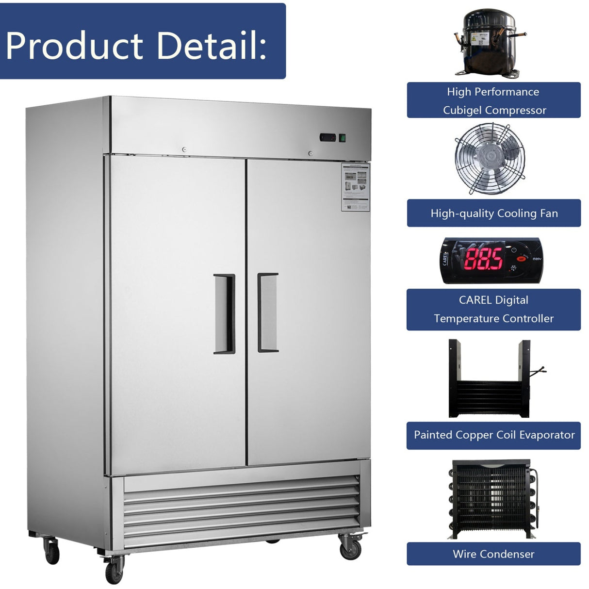 54"W Commercial Freezer 42 cu. ft. 2 Solid Door Reach-In Freezer
