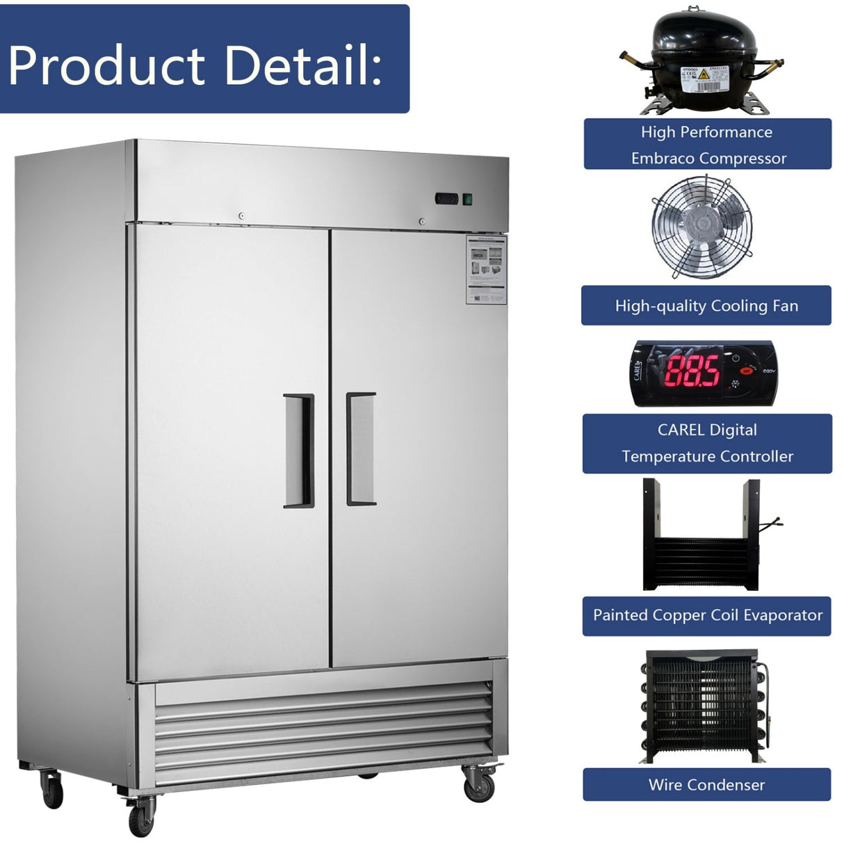 54"W Commercial Refrigerator 42 cu. ft. 2 Solid Door Reach-In Refrigerator